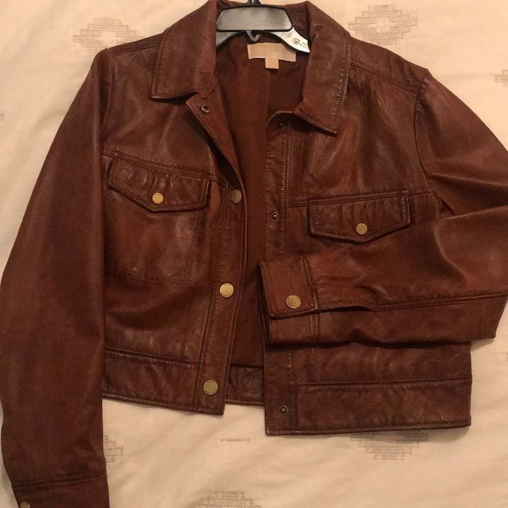 Michael Kors Brown Leather Button-Front Jacket